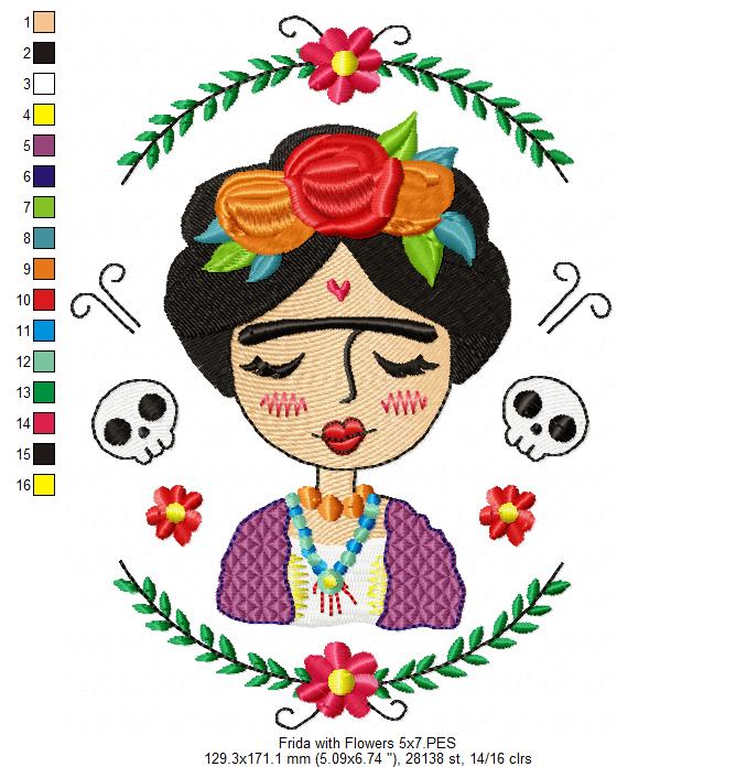 Frida Kahlo with Flowers - Fill Stitch