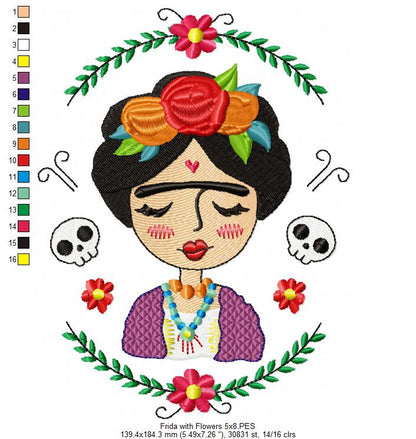 Frida Kahlo with Flowers - Fill Stitch