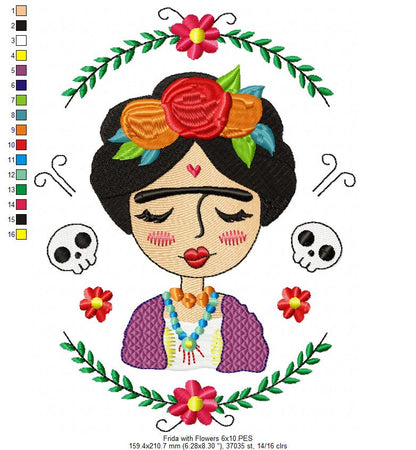 Frida Kahlo with Flowers - Fill Stitch