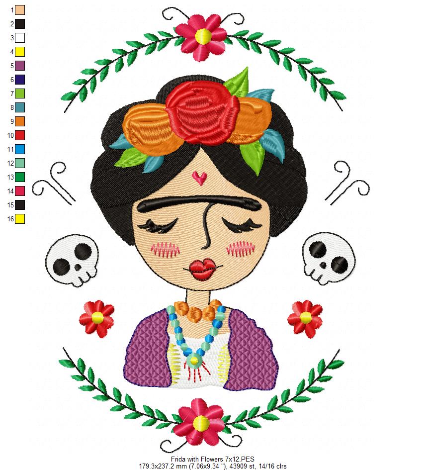 Frida Kahlo with Flowers - Fill Stitch
