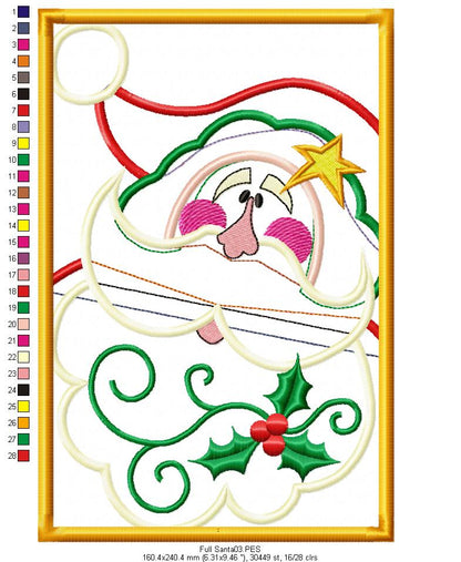 Country Santa Claus on frame - Applique - Machine Embroidery Design