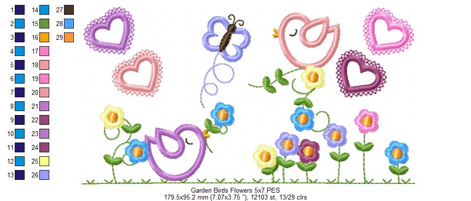 Garden Birds and Flowers - Appliqué – Machine Embroidery Design