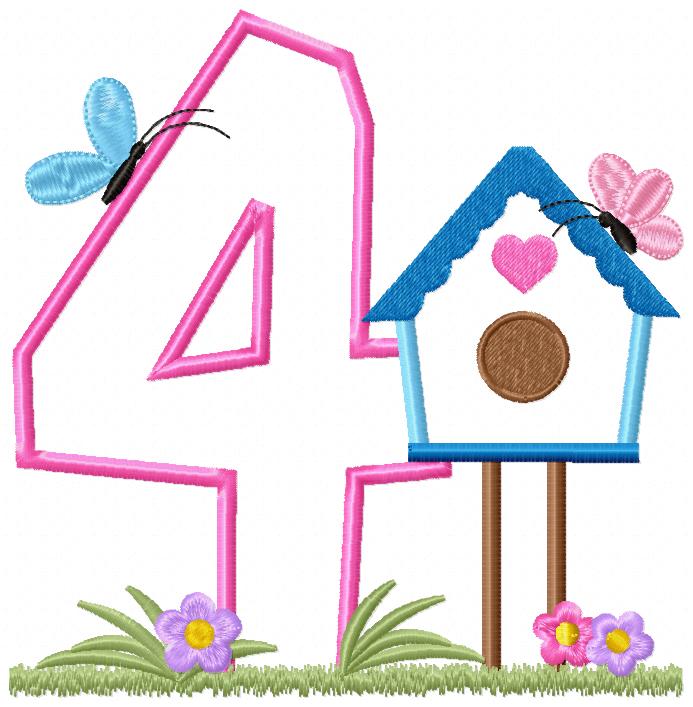 Bird House Number 4 Four 4th Birthday - Applique