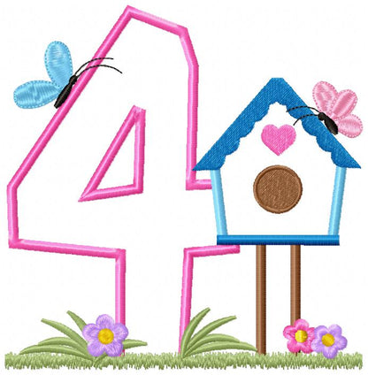 Bird House Number 4 Four 4th Birthday - Applique