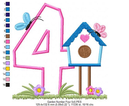 Bird House Number 4 Four 4th Birthday - Applique