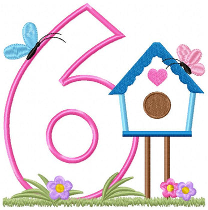 Bird House Number 6 Six 6th Birthday - Applique