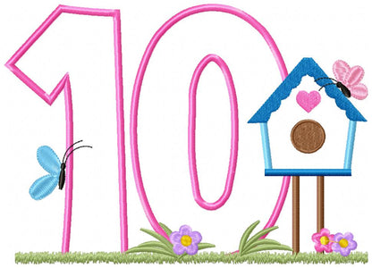 Bird House Number 10 ten 10th Birthday - Applique