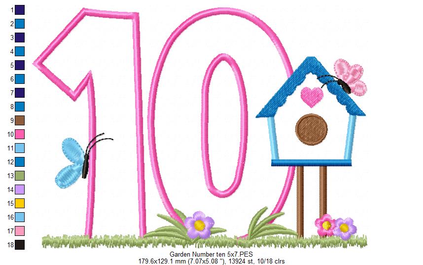 Bird House Number 10 ten 10th Birthday - Applique