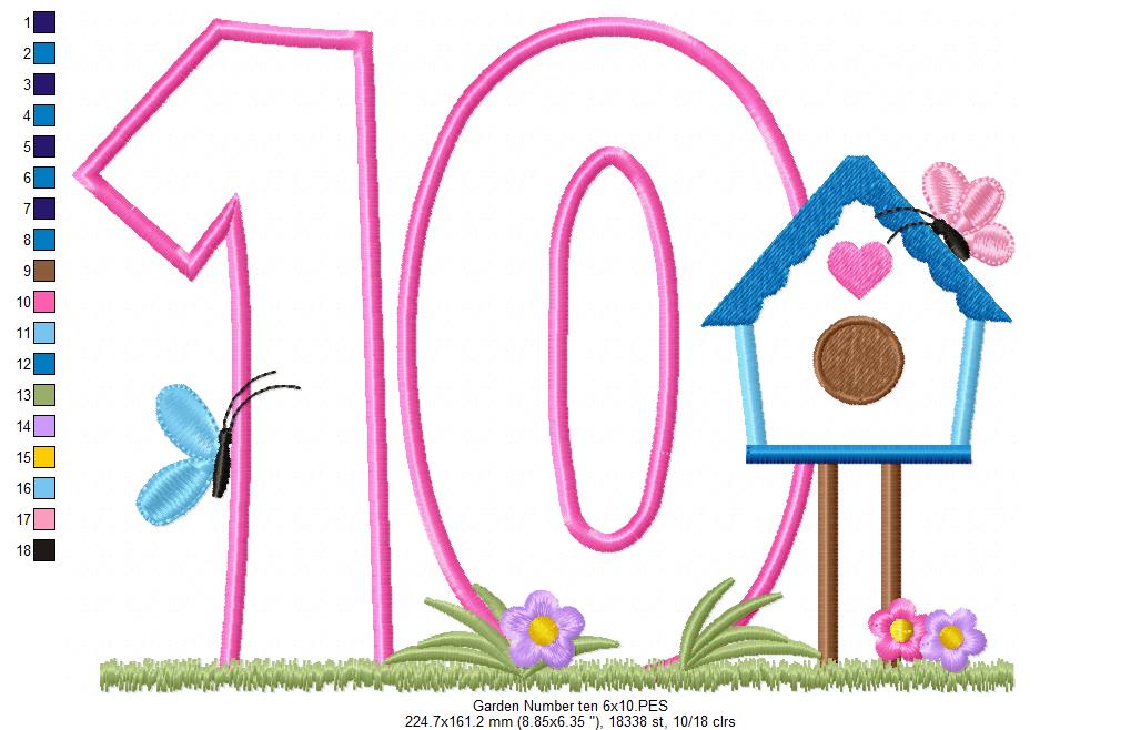 Bird House Number 10 ten 10th Birthday - Applique