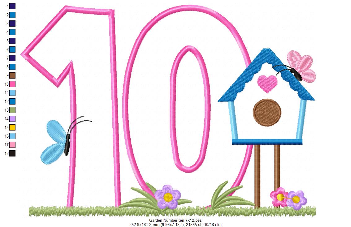 Bird House Number 10 ten 10th Birthday - Applique