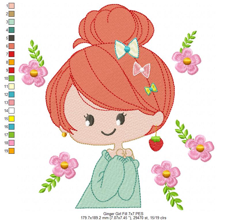 Ginger Girl and Flowers - Fill Stitch and Rippled - Set of 2 designs