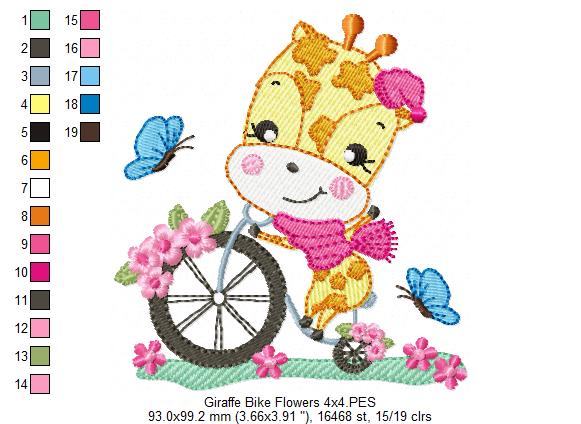 Giraffe on Bicycle and Flowers - Fill Stitch