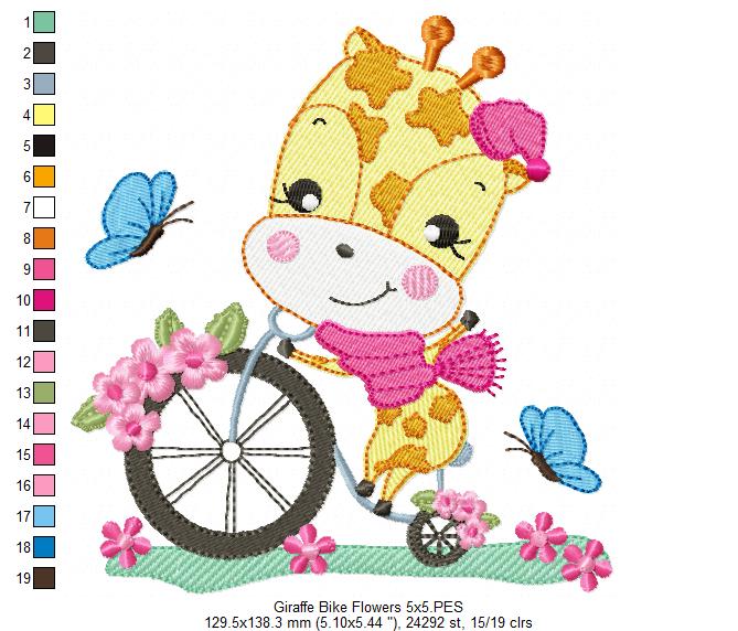 Giraffe on Bicycle and Flowers - Fill Stitch