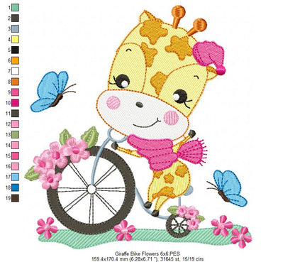 Giraffe on Bicycle and Flowers - Fill Stitch