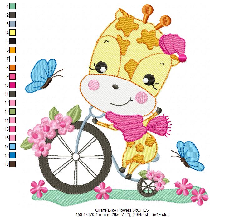 Giraffe on Bicycle and Flowers - Fill Stitch