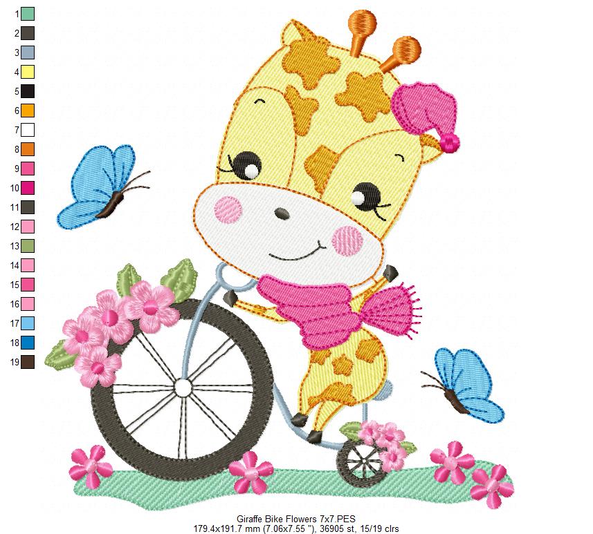 Giraffe on Bicycle and Flowers - Fill Stitch