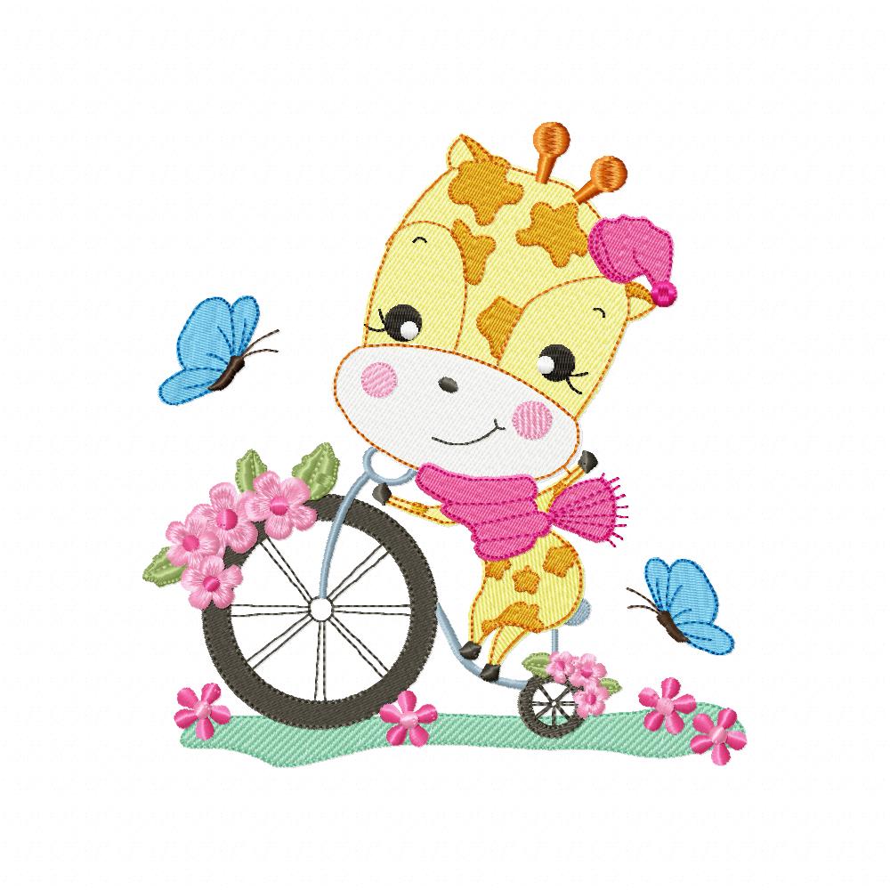 Giraffe on Bicycle and Flowers - Fill Stitch