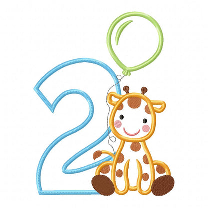 Giraffe Birthday Number Two - Appliqué - Machine Embroidery Design