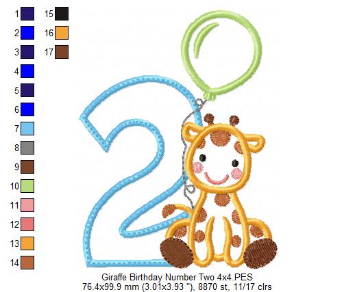 Giraffe Birthday Number Two - Appliqué - Machine Embroidery Design