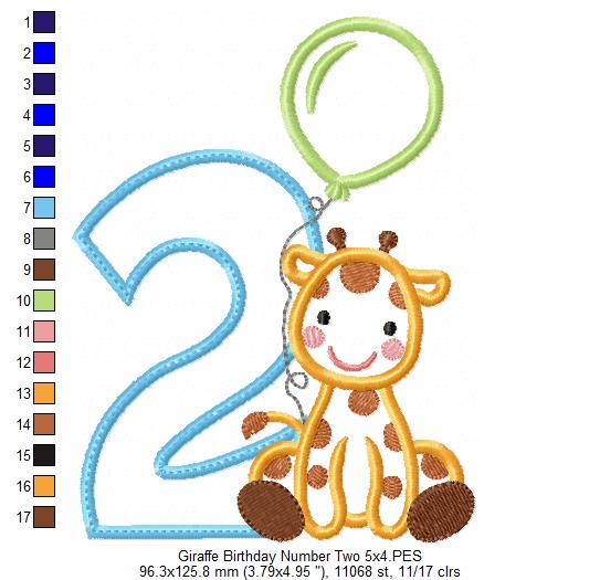Giraffe Birthday Number Two - Appliqué - Machine Embroidery Design