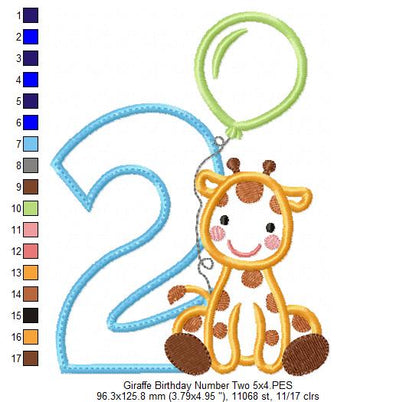 Giraffe Birthday Number Two - Appliqué - Machine Embroidery Design