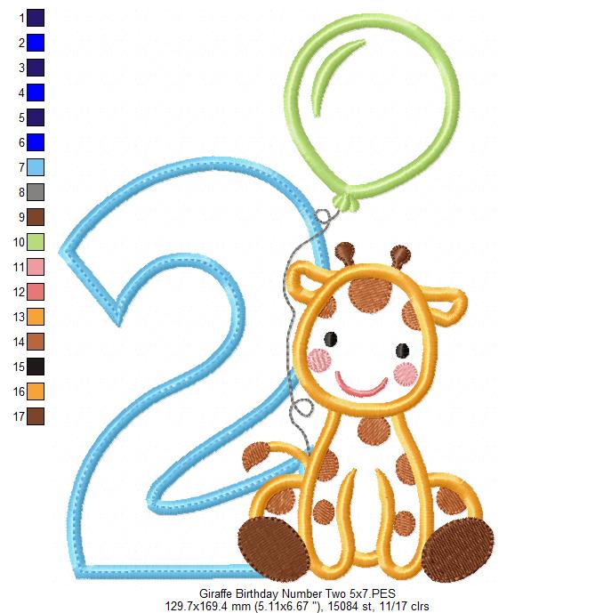 Giraffe Birthday Number Two - Appliqué - Machine Embroidery Design