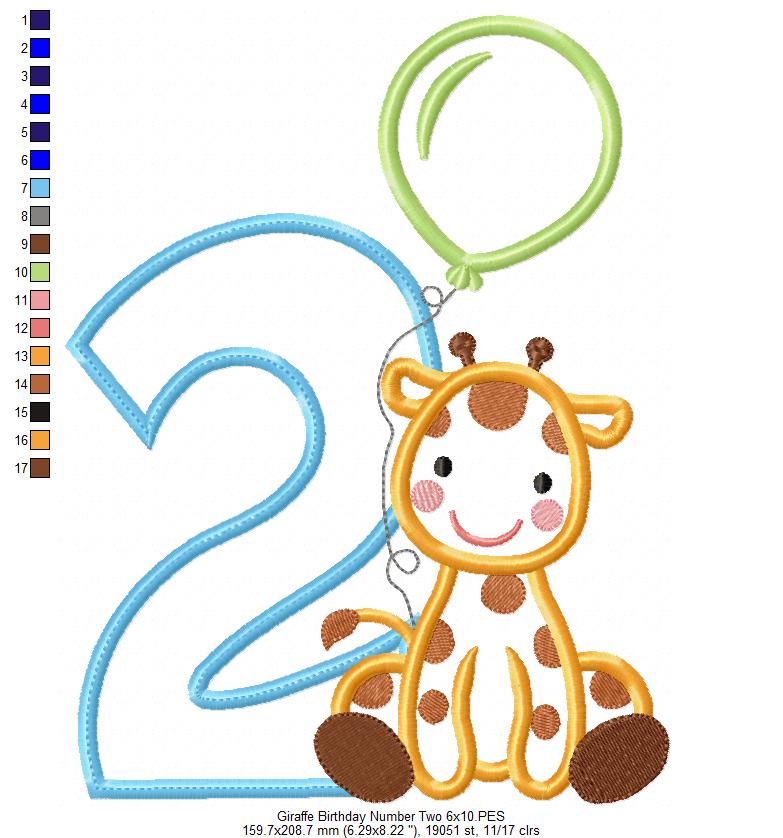 Giraffe Birthday Number Two - Appliqué - Machine Embroidery Design