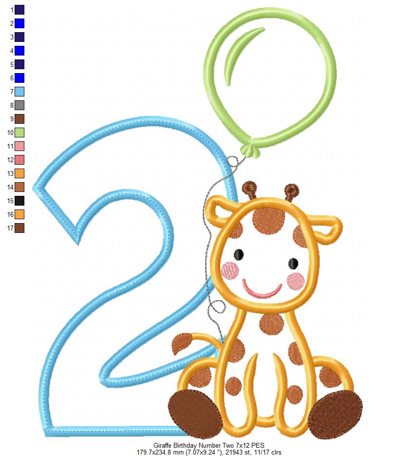 Giraffe Birthday Number Two - Appliqué - Machine Embroidery Design