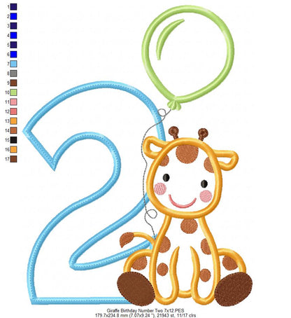 Giraffe Birthday Number Two - Appliqué - Machine Embroidery Design