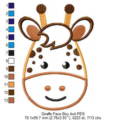 Giraffe Face Boy - Applique - Machine Embroidery Design