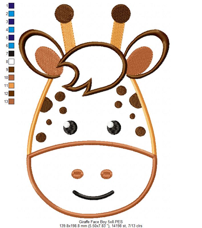 Giraffe Face Boy - Applique - Machine Embroidery Design