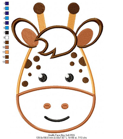 Giraffe Face Boy - Applique - Machine Embroidery Design
