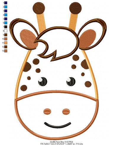 Giraffe Face Boy - Applique - Machine Embroidery Design