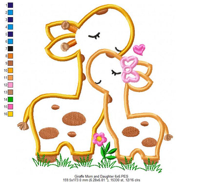Giraffe Mom and Daughter – Applique – Machine Embroidery Design