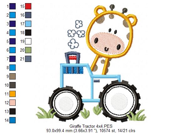 Giraffe Tractor Safari - Applique - Machine Embroidery Design
