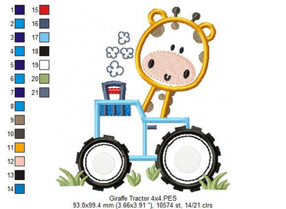 Giraffe Tractor Safari - Applique - Machine Embroidery Design