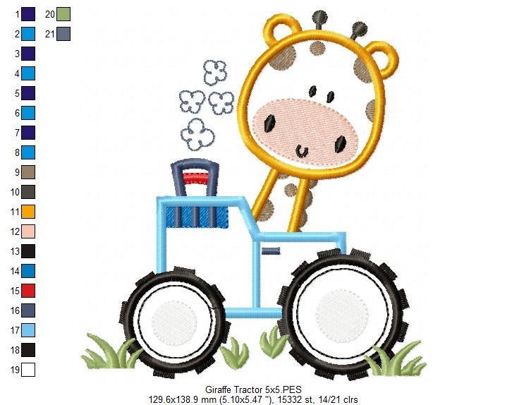 Giraffe Tractor Safari - Applique - Machine Embroidery Design
