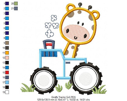 Giraffe Tractor Safari - Applique - Machine Embroidery Design