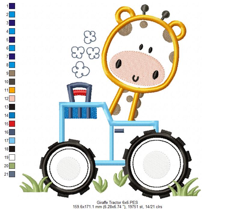 Giraffe Tractor Safari - Applique - Machine Embroidery Design