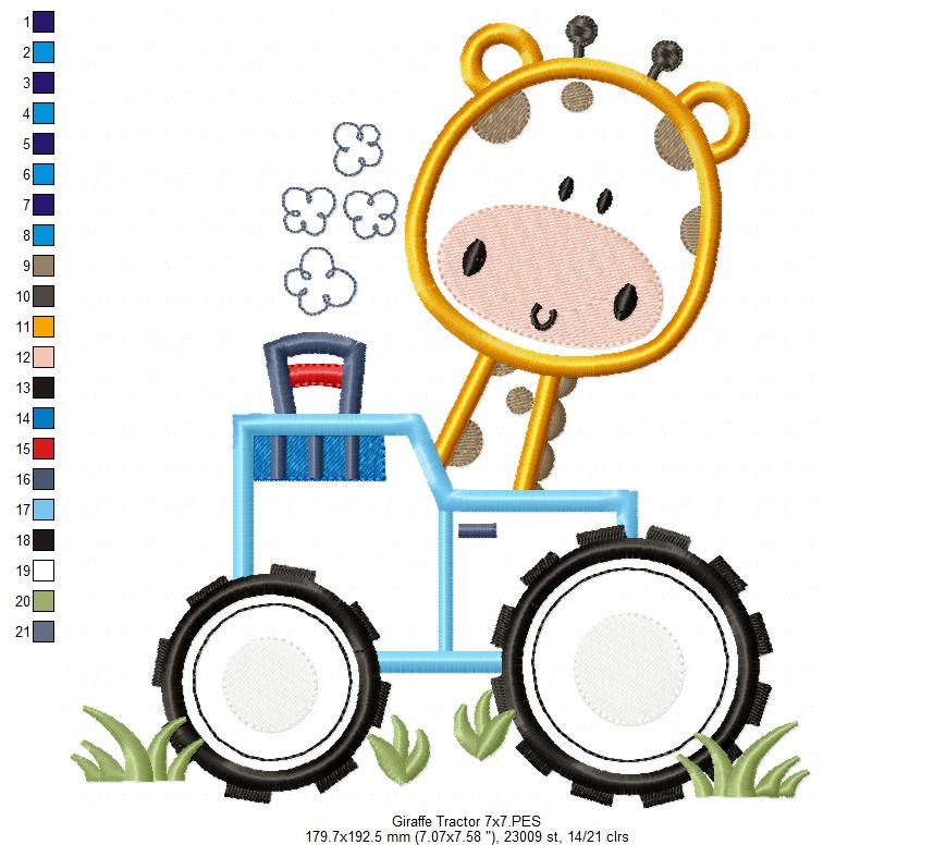 Giraffe Tractor Safari - Applique - Machine Embroidery Design