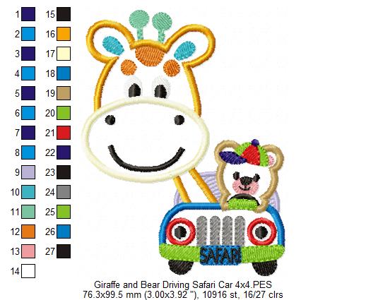 Giraffe and Bear Driving a Safari Car - Applique