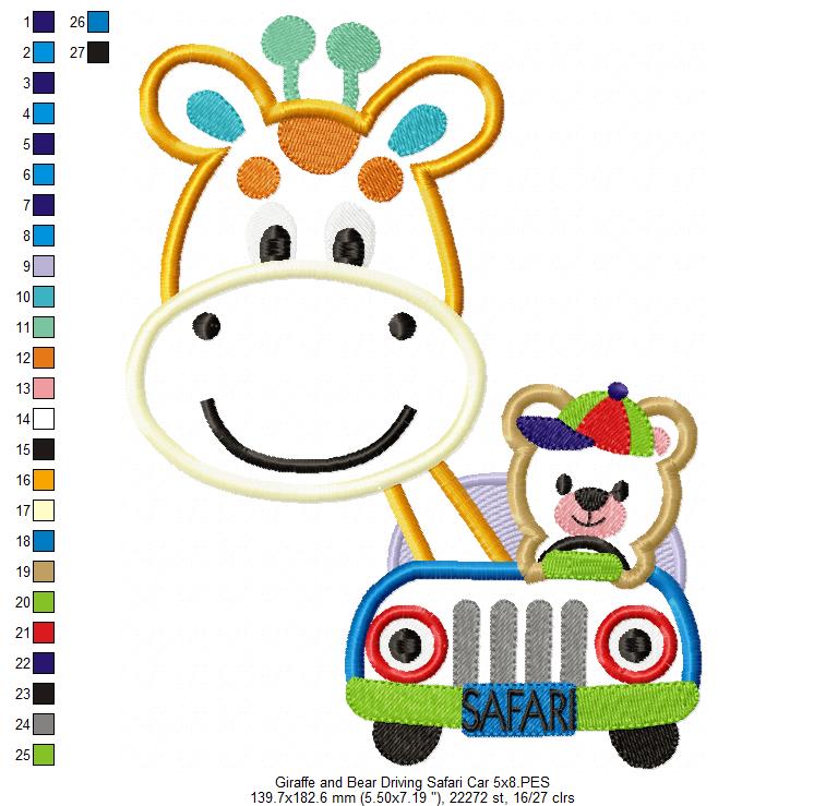 Giraffe and Bear Driving a Safari Car - Applique