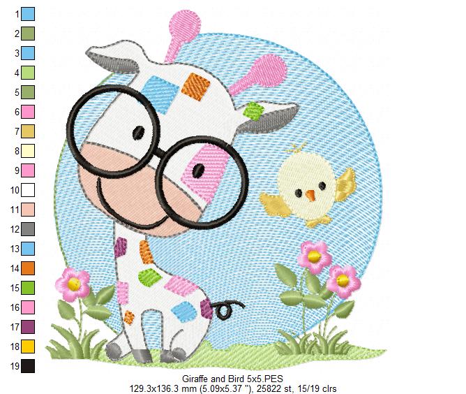 Cute Giraffe with Glasses - Fill Stitch Embroidery