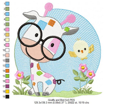 Cute Giraffe with Glasses - Fill Stitch Embroidery
