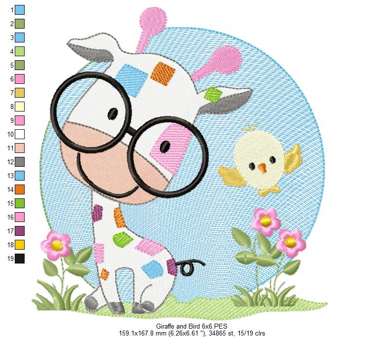 Cute Giraffe with Glasses - Fill Stitch Embroidery