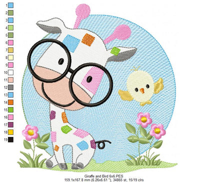 Cute Giraffe with Glasses - Fill Stitch Embroidery