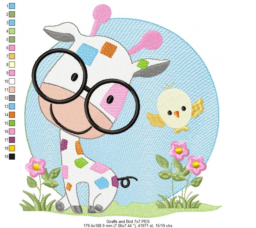 Cute Giraffe with Glasses - Fill Stitch Embroidery