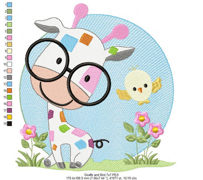 Cute Giraffe with Glasses - Fill Stitch Embroidery