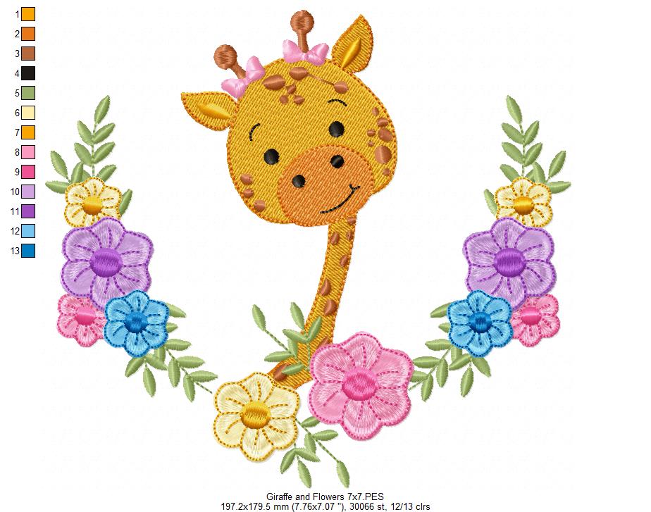 Giraffe and Flowers - Fill Stitch
