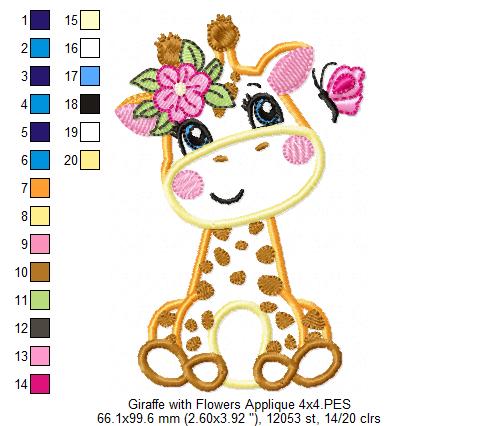 Giraffe Girl with Flowers - Applique - Machine Embroidery Design